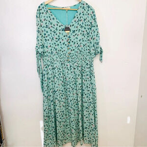 Reborn Maxi Dress 3X Green Floral Fit‎ Flare Flowy Cottagecore Business Boho B1